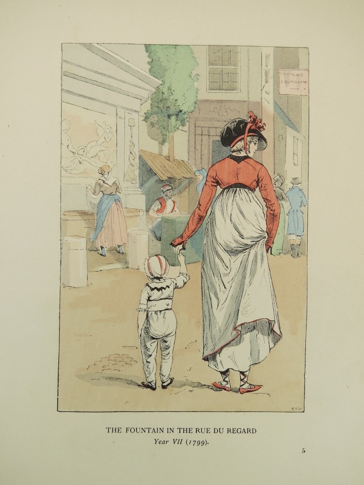 1898 ANTIQUE PARIS FASHION COLOR LITHO PRINT FOUNTAIN IN THE RUE DU REGARD IN 1799
