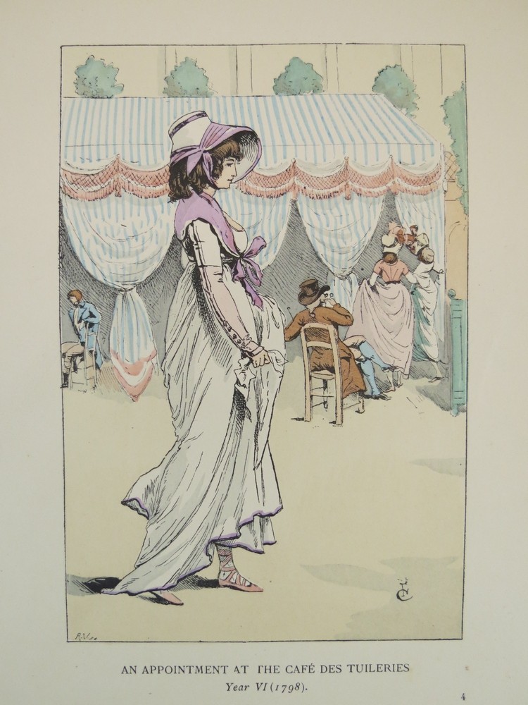 1898 ANTIQUE PARIS FASHION COLOR LITHO PRINT APPOINTMENT AT CAFE DES TUILERIES IN 1798
