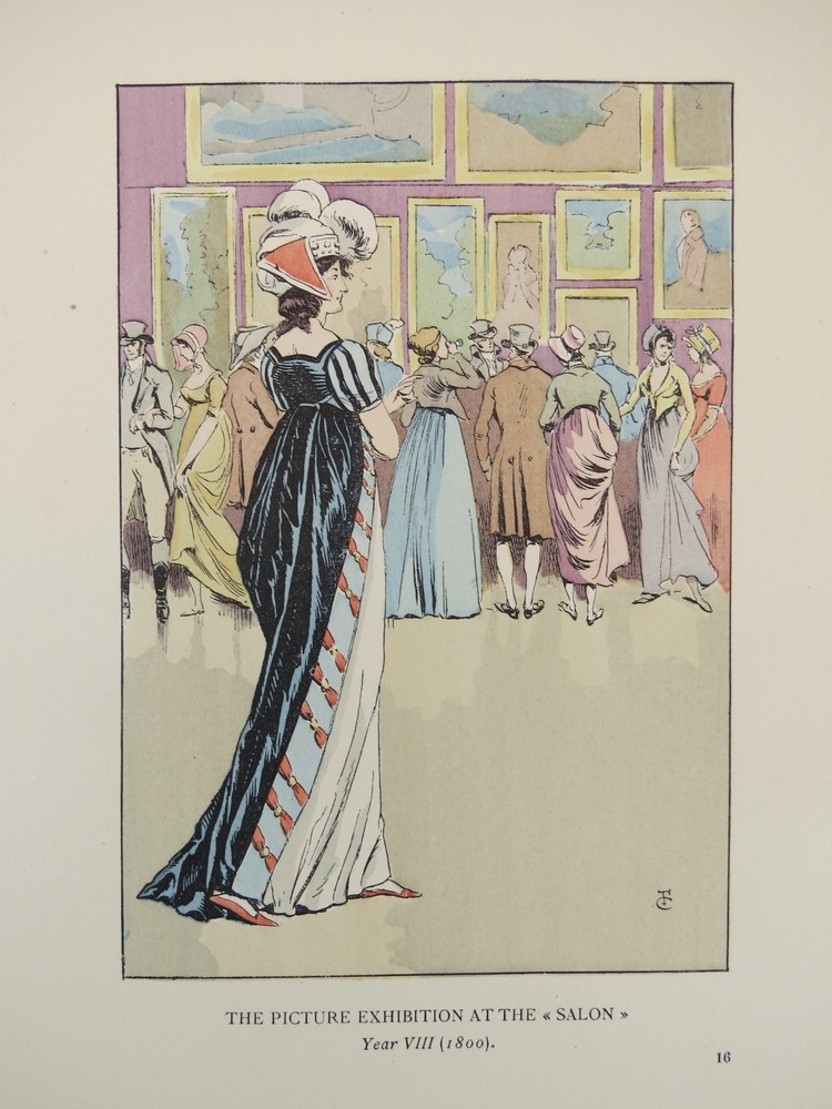 1898 ANTIQUE PARIS FASHION COLOR LITHO PRINT PICTURE EXHIBITION AT THE SALON IN 1800