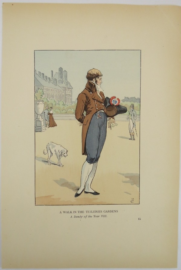 1898 ANTIQUE PARIS FASHION COLOR LITHO PRINT WALK IN THE TUILERIES GARDENS IN 1800