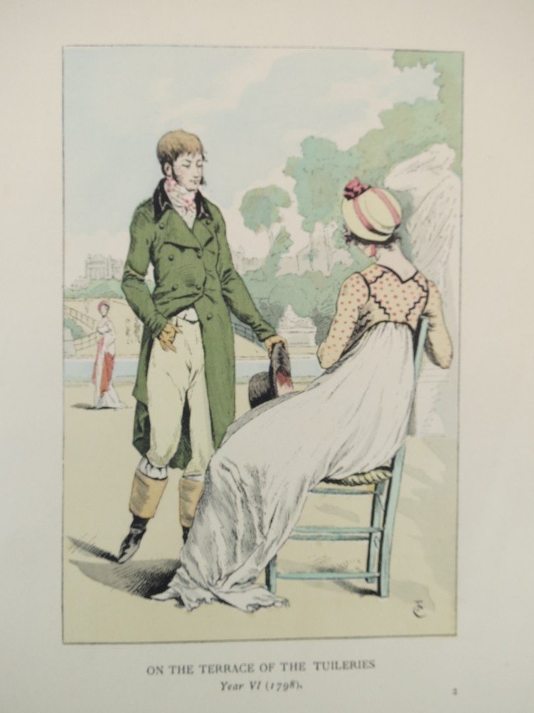 1898 ANTIQUE PARIS FASHION COLOR LITHO PRINT ON THE TERRACE OF THE TUILERIES IN 1798