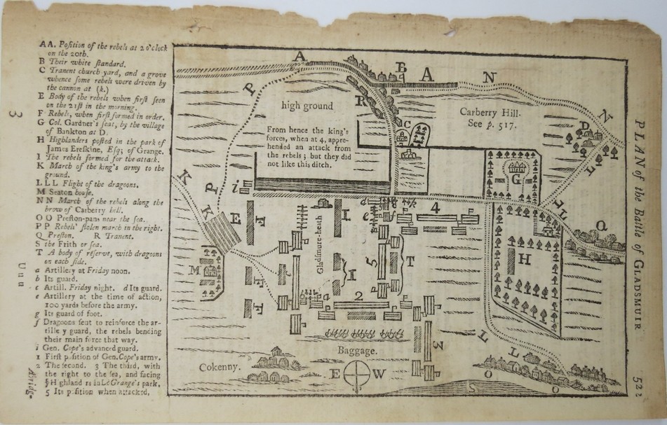 ANTIQUE 1745 PLAN OF THE BATTLE OF GLADSMUIR COPPER PLATE ENGRAVING