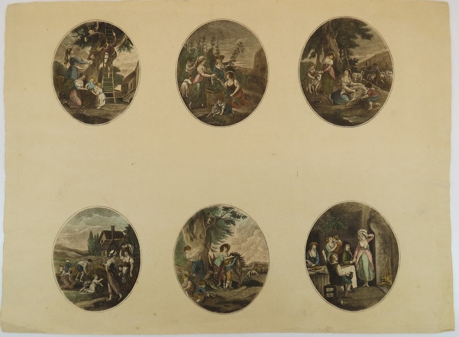 ANTIQUE HAND COLORED ENGRAVING OF 6 MONTHS OF THE YEAR BY FRANCESCO BARTOLOZZI