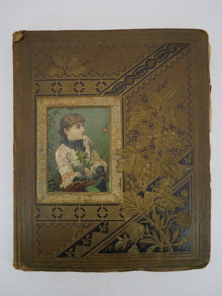 VICTORIAN DIE CUTS, ADVERTISING, TRADE CARD SCRAP ALBUM WITH 240+ PIECES