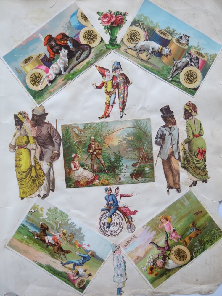 4 RARE ANTIQUE VICTORIAN J & P COATS DIE-CUT ADVERTISING TRADE CARDS