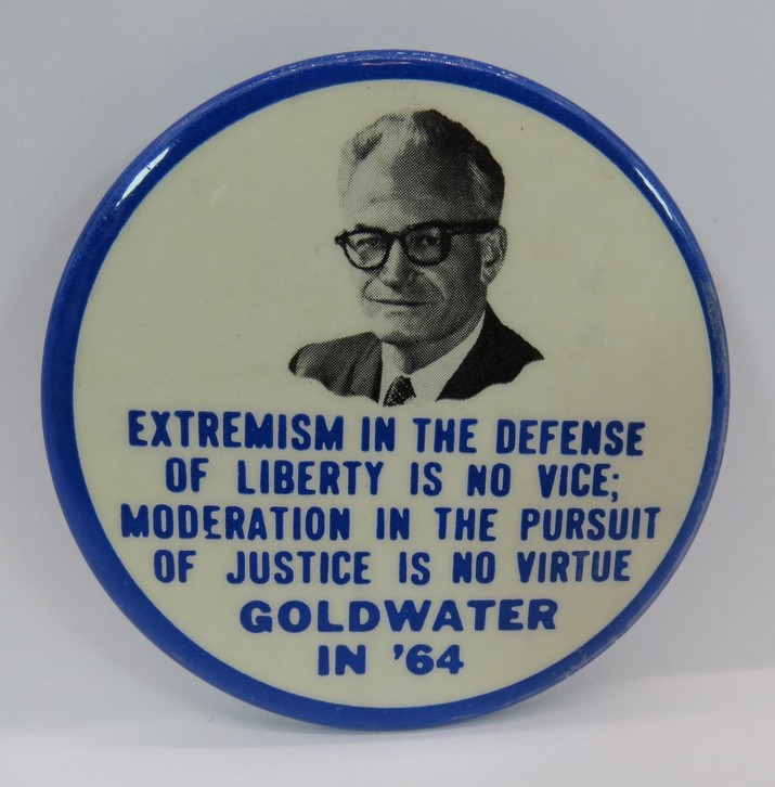 BARRY GOLDWATER '64 EXTREMISM IN DEFENSE OF LIBERTY NO VICE CAMPAIGN BUTTON 2.5