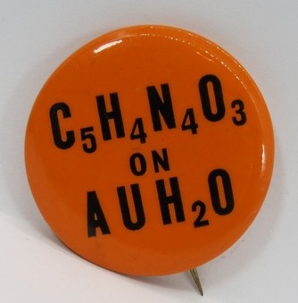 RARE C5H4N4O3 ON AUH2O ANTI BARRY GOLDWATER 1964 CAMPAIGN BUTTON 1.75