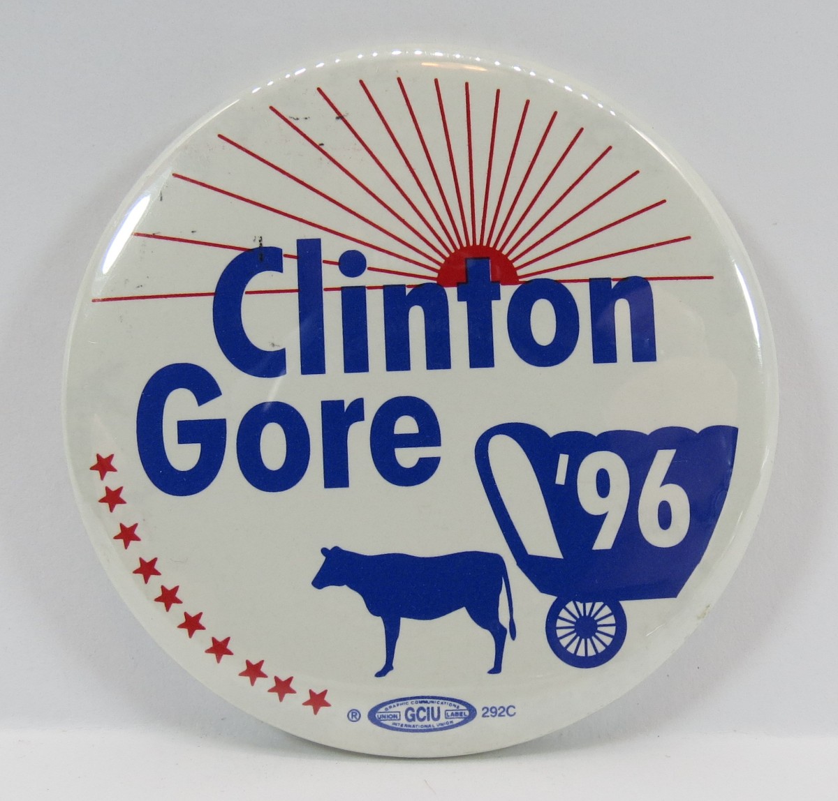 BILL CLINTON AL GORE 1996 OVERLAND TRAIL OX COVERED WAGON PRESIDENTIAL CAMPAIGN BUTTON 2.25