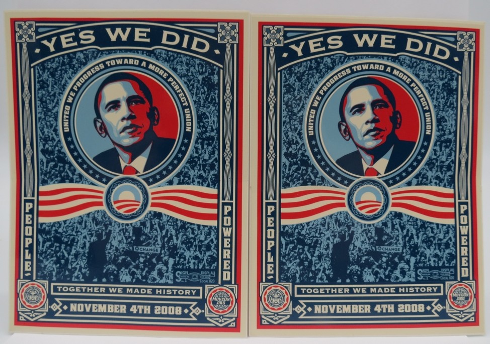 2 PRESIDENT BARACK OBAMA 'YES WE DID' SHEPARD FAIREY STICKERS