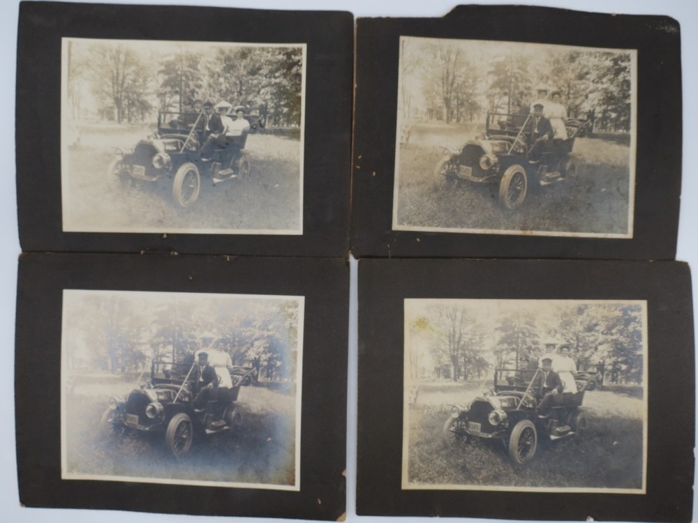 4 ANTIQUE LARGE FORMAT ALBUMEN PHOTOS OF GROUP IN C. 1910 LUXURY CAR
