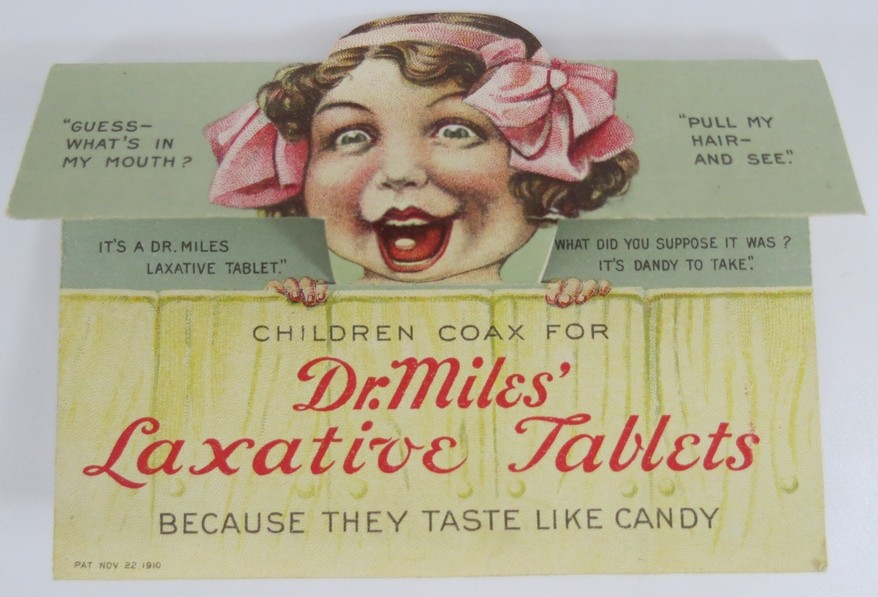 1910 DR. MILES' LAXATIVE TABLETS DIECUT MECHANICAL ADVERTISING CARD