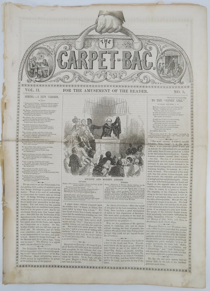 FIRST NATIONAL APPEARANCE SAMUEL LANGHORNE CLEMENS [MARK TWAIN] WRITING, THE CARPET-BAG WEEKLY (NEWSPAPER/MAGAZINE) , VOLUME II. NO. 5. MAY 1, 1852; Clemens' Story 