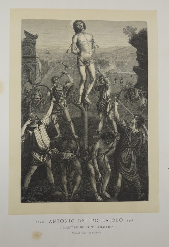 LE MARTYRE SAINT SEBASTIEN [MARTYR] BY ANTONIO DEL POLLAIOLO ANTIQUE 1870 WOODCUT PLATE 16