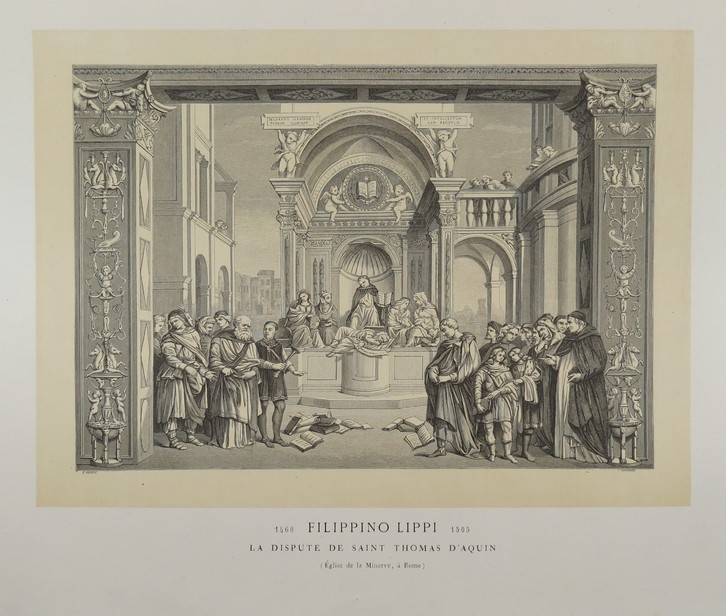 DISPUTE DE SAINT THOMAS D'AQUIN BY FILIPPINO LIPPI ANTIQUE 1870 WOODCUT PLATE 16