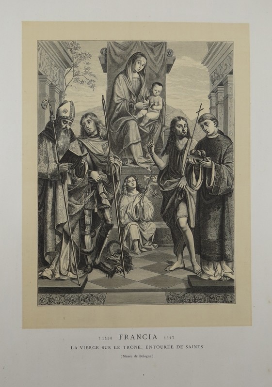VIERGE SUR LE TRONE ENTOUREE DE SAINTS [VIRGIN ENTHRONED] BY FRANCIA ANTIQUE 1870 WOODCUT PLATE 16