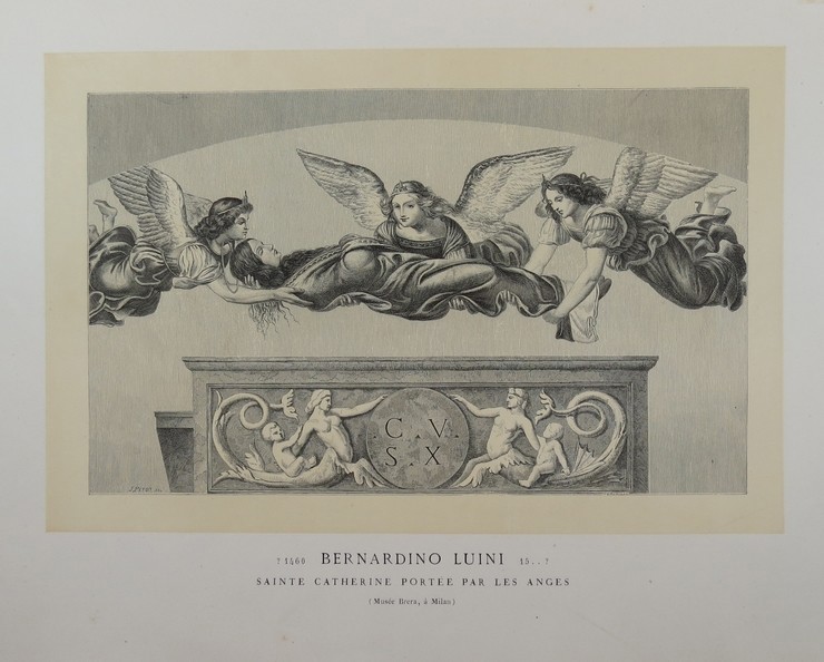 SAINTE CATHERINE PORTEE PAR LES ANGES [CARRIED BY ANGELS] BY BERNARDINO LUINI ANTIQUE 1870 WOODCUT PLATE 16