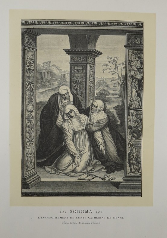 L'EVANOUISSEMENT DE SAINTE CATHERINE DE SIENNE BY SODOMA ANTIQUE 1870 WOODCUT PLATE 16