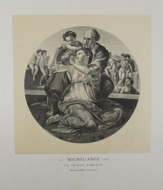 LA SAINTE FAMILEE [HOLY FAMILY, DONI TONDO] BY MICHELANGELO ANTIQUE 1870 WOODCUT PLATE 16