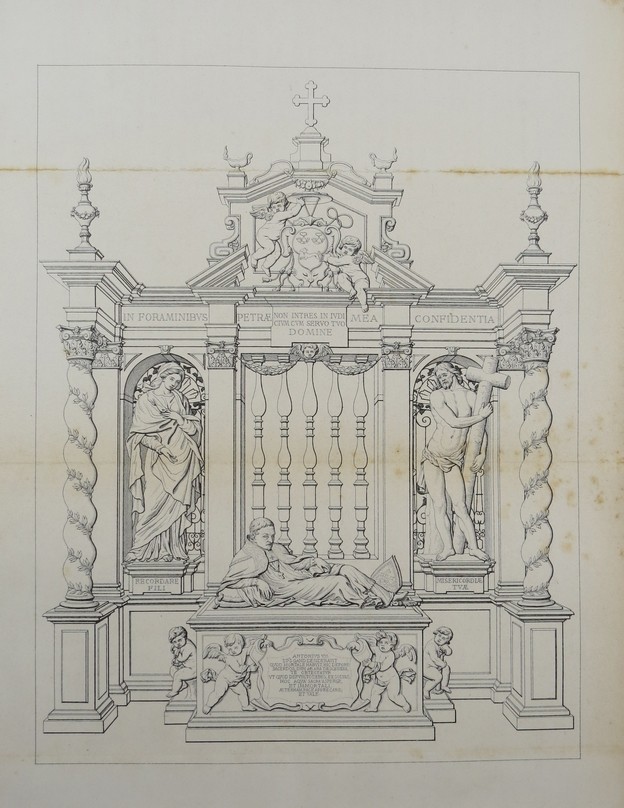 ANTIQUE 19TH C. ENGRAVING OF THE GRAFMONUMENT FOR BISHOP ANTONIUS TRIEST, ST. BAVO'S CATHEDRAL IN GHENT, BELGIUM