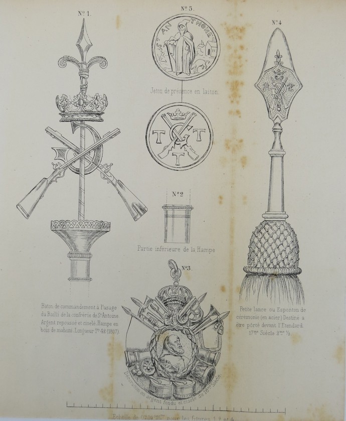 ANTIQUE 19TH C. ENGRAVING CEREMONIAL AND DECORATIVE ARTIFACTS ASSOCIATED WITH THE BROTHERHOOD OF SAINT ANTHONY