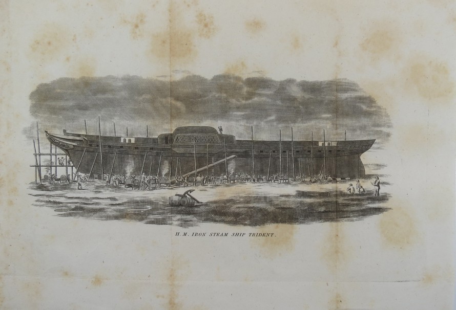 ANTIQUE 1845 ENGRAVING OF THE CONSTRUCTION OF H.M. IRON STEAM SHIP TRIDENT ON RIVER THAMES