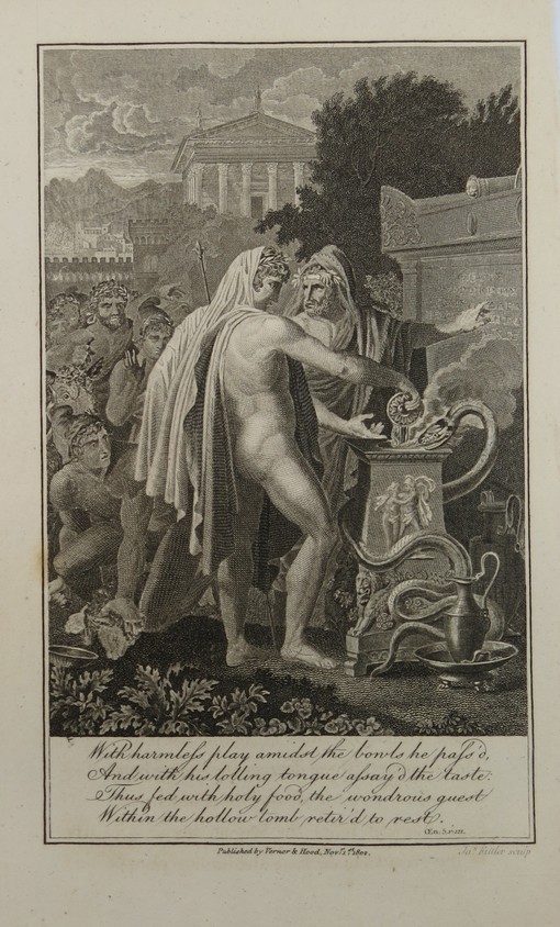 1802 VIRGIL AENEID COPPER PLATE ENGRAVING APPARITION OF A SNAKE DURING AENEAS' SACRIFICE AT THE TOMB OF ANCHISES BY JAMES FITTLER