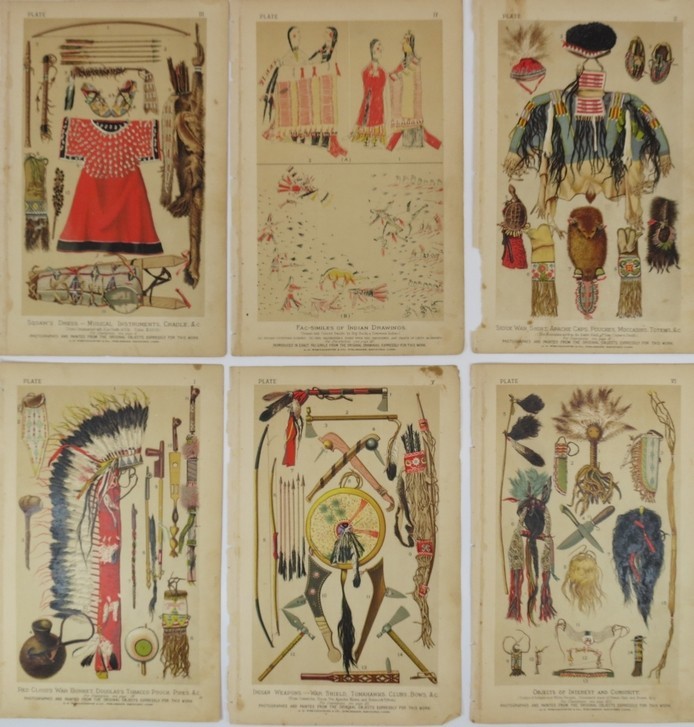 1882 GROUP OF 6 COLOR CHROMOLITHOGRAPHS NATIVE AMERICAN INDIAN COSTUME & TOOLS