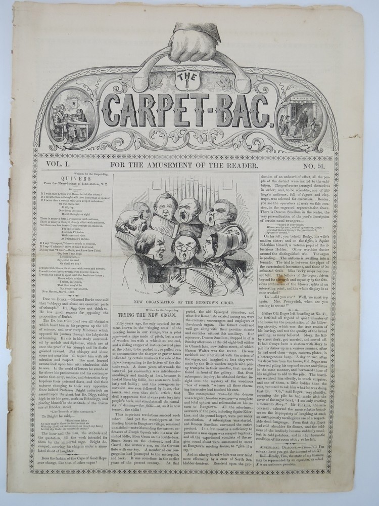 Image for THE CARPET-BAG WEEKLY (NEWSPAPER/MAGAZINE) , VOLUME I. NO. 51. MARCH 20, 1852 THE CARPET-BAG WEEKLY (NEWSPAPER/MAGAZINE) , VOLUME I. NO. 51. MARCH 20, 1852