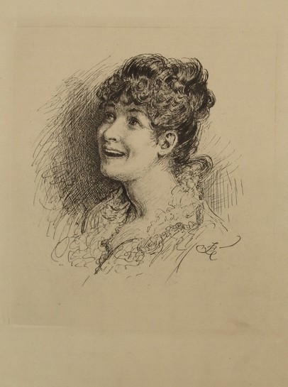 ANTIQUE 1892 ETCHING PORTRAIT OF A LADY BY FREDERICK BARNARD