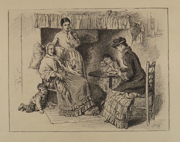 ANTIQUE 1892 ETCHING VISITING GUEST READING BY ROBERT BARNES