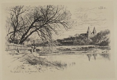 ANTIQUE 1892 ETCHING CATHEDRAL OF SAINT MACHER IN ABERDEEN SCOTLAND BY SIR GEORGE REED