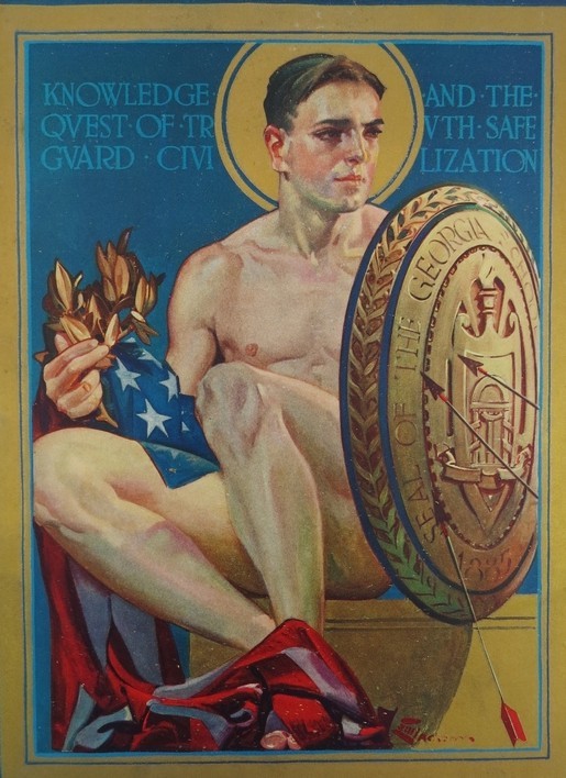 RARE 1925 ELBERT MCGRAN JACKSON NUDE MALE WITH GEORGIA TECH SHIELD & US FLAG PRINT; Knowledge and the Quest of Truth Safeguard Civilization