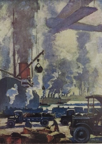 RARE 1925 JONAS LIE SPIRIT OF TRANSPORTATION COLOR PRINT AD FOR CLARK EQUIPMENT MACHINERY WORKER