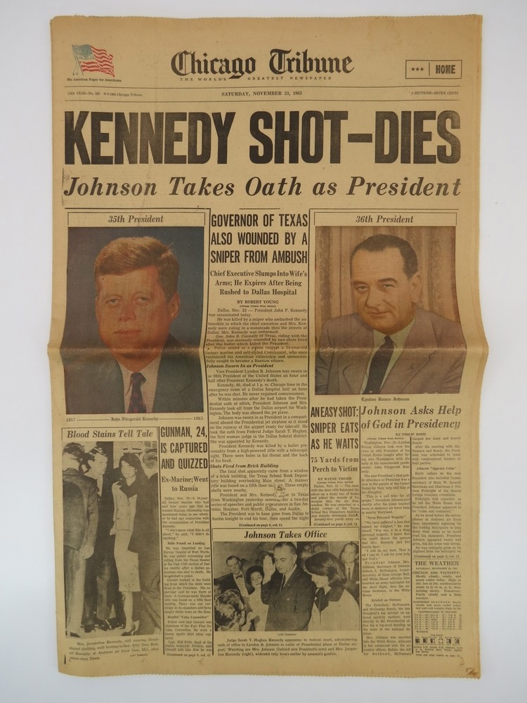 CHICAGO TRIBUNE NOVEMBER 23, 1963 (PRESIDENT JOHN F. KENNEDY SHOT-DIES)