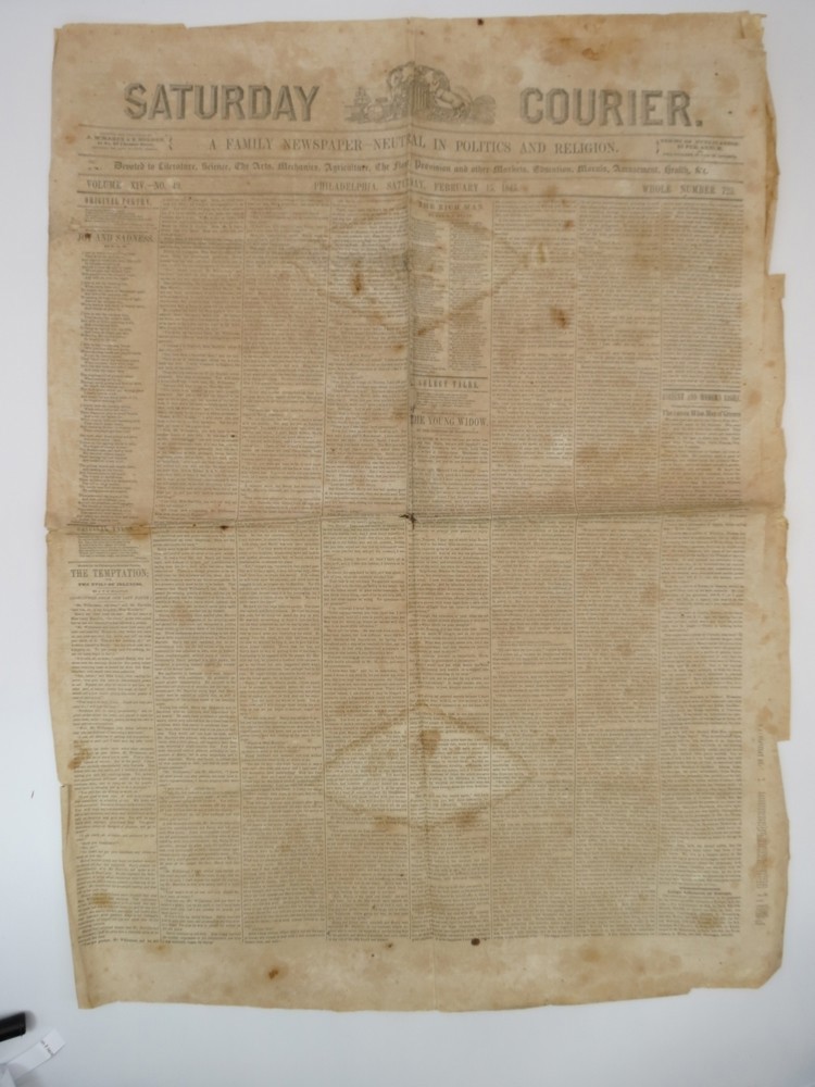 SATURDAY COURIER FEBRUARY 15, 1845 (1ST PUBLICATION OF AN UNFINISHED POEM BY THOMAS CAMPBELL: SONS OF CHIEFS RENOWNED IN STORY)