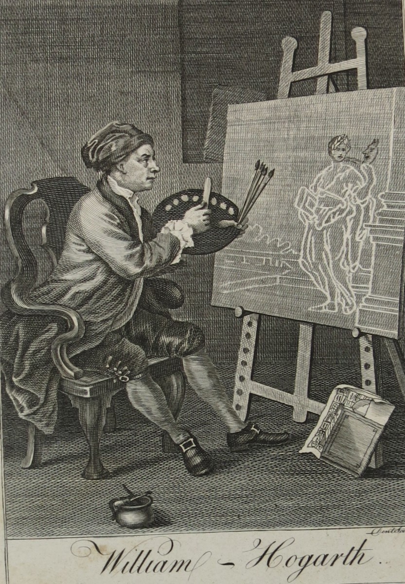 WILLIAM HOGARTH ANTIQUE 1791 COPPER PLATE ENGRAVING PORTRAIT WITH COMIC MUSE