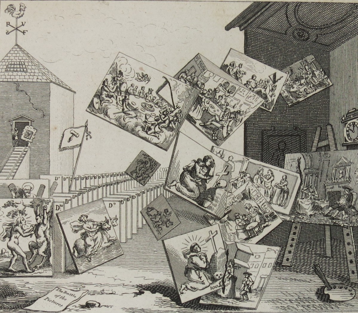 WILLIAM HOGARTH ANTIQUE 1791 COPPER PLATE ENGRAVING BATTLE OF THE PICTURES