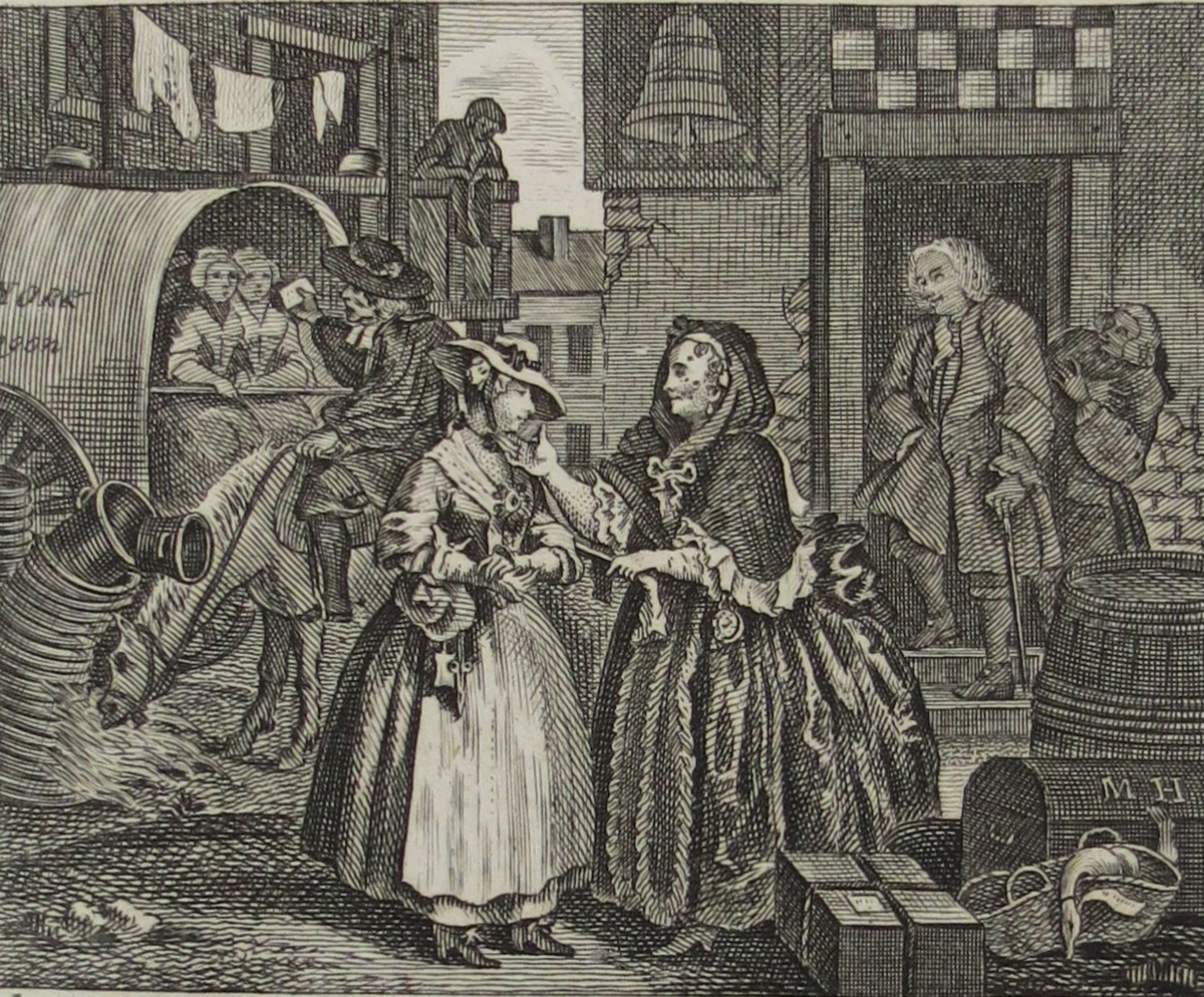 WILLIAM HOGARTH ANTIQUE 1791 COPPER PLATE ENGRAVING HARLOT'S PROGRESS PLATE 1 MOLL HACKABOUT