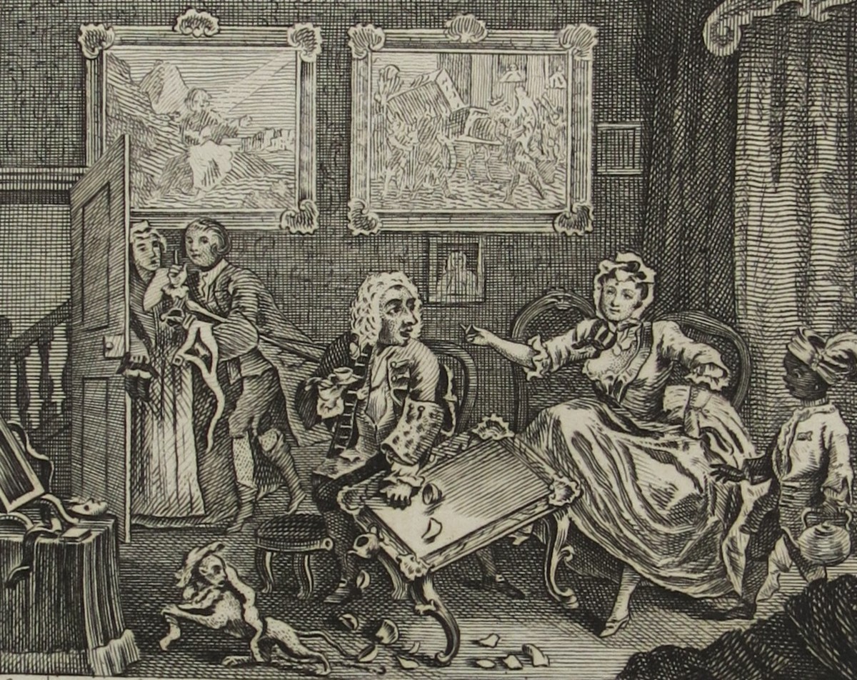 WILLIAM HOGARTH ANTIQUE 1791 COPPER PLATE ENGRAVING HARLOT'S PROGRESS PLATE 2 THE QUARREL