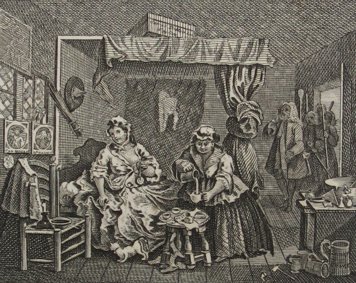 WILLIAM HOGARTH ANTIQUE 1791 COPPER PLATE ENGRAVING HARLOT'S PROGRESS PLATE 3 THE COMPLEAT TRULL AT HER LODGINGS IN DRURY LANE