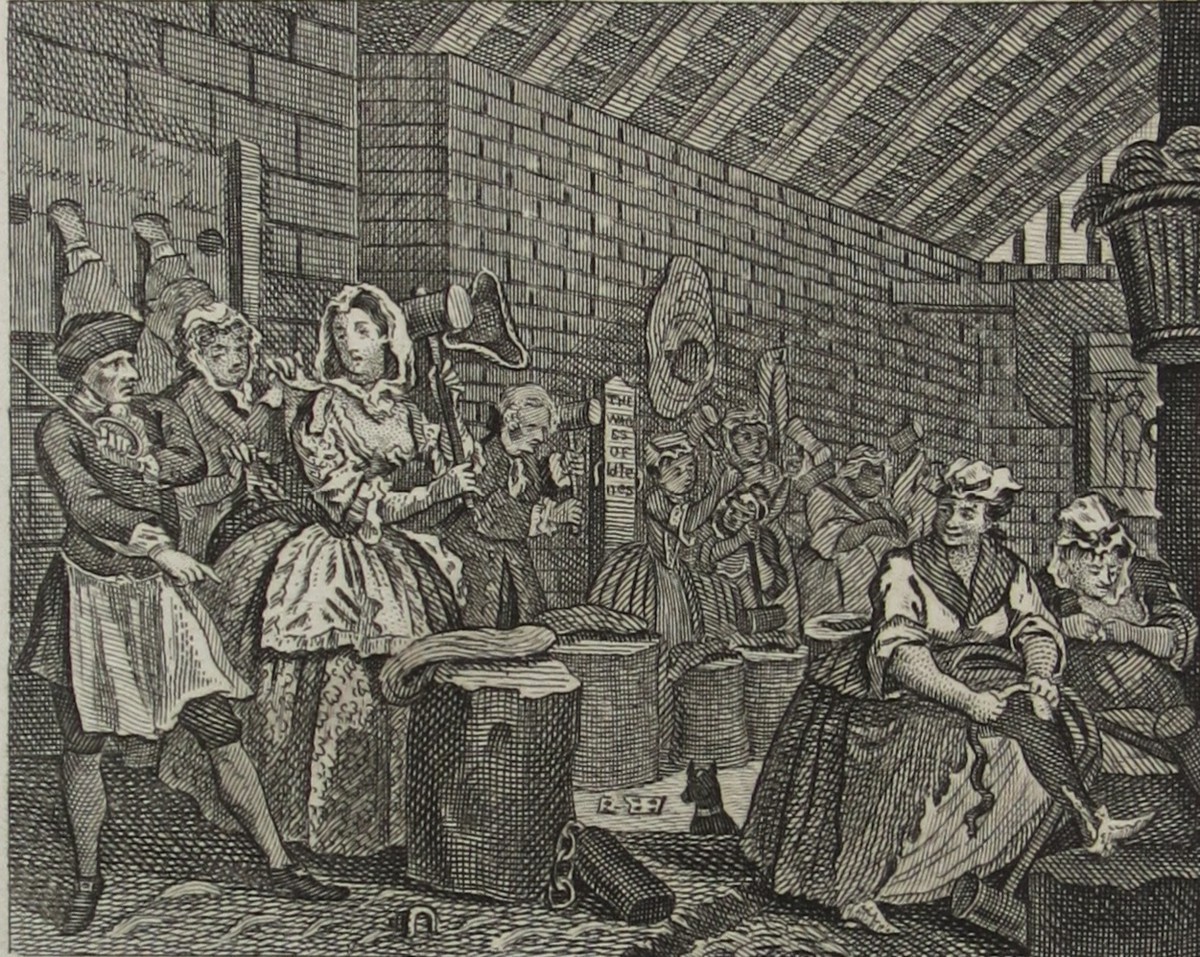 WILLIAM HOGARTH ANTIQUE 1791 COPPER PLATE ENGRAVING HARLOT'S PROGRESS PLATE 4 BEATING HEMP IN BRIDEWELL