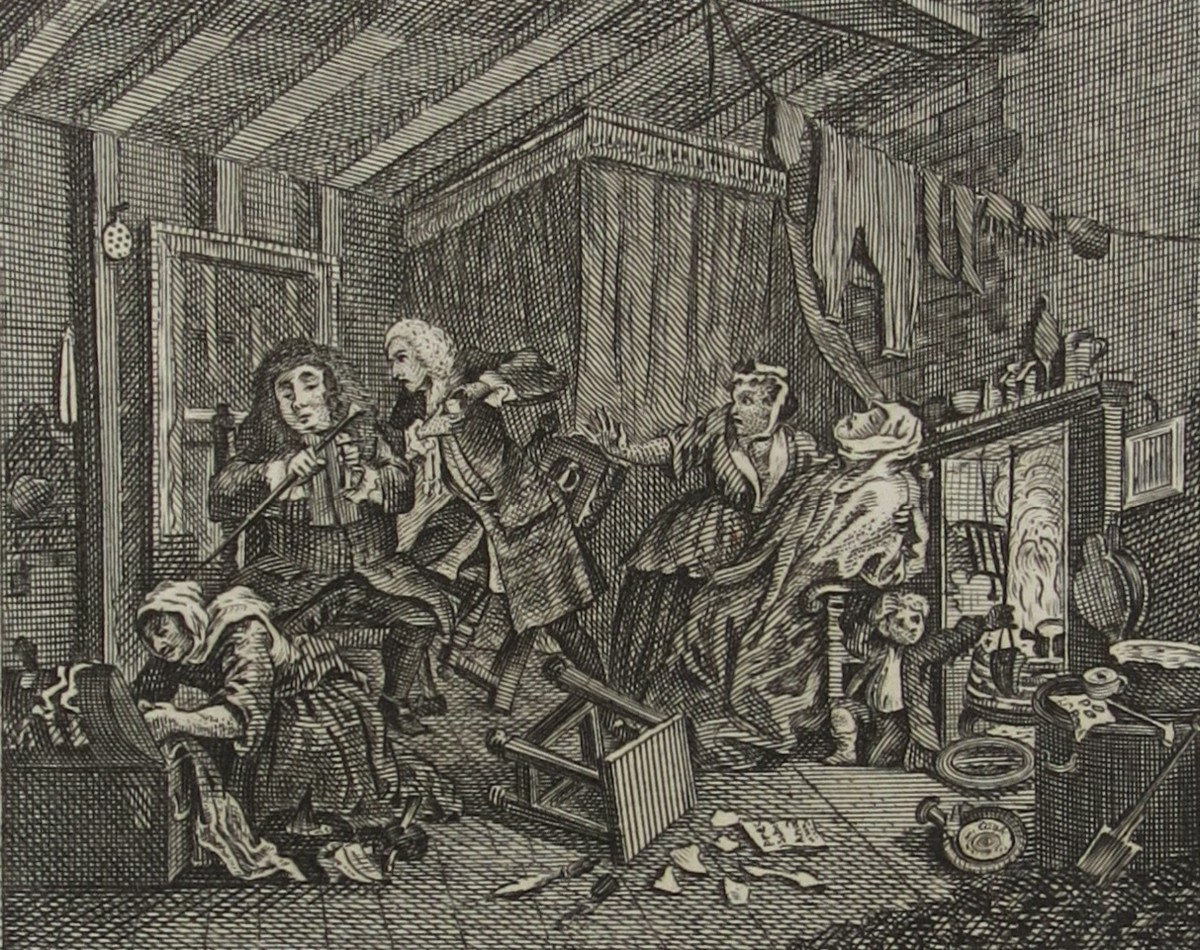 WILLIAM HOGARTH ANTIQUE 1791 COPPER PLATE ENGRAVING HARLOT'S PROGRESS PLATE 5 THE HARLOT DYING OR HER DEATH