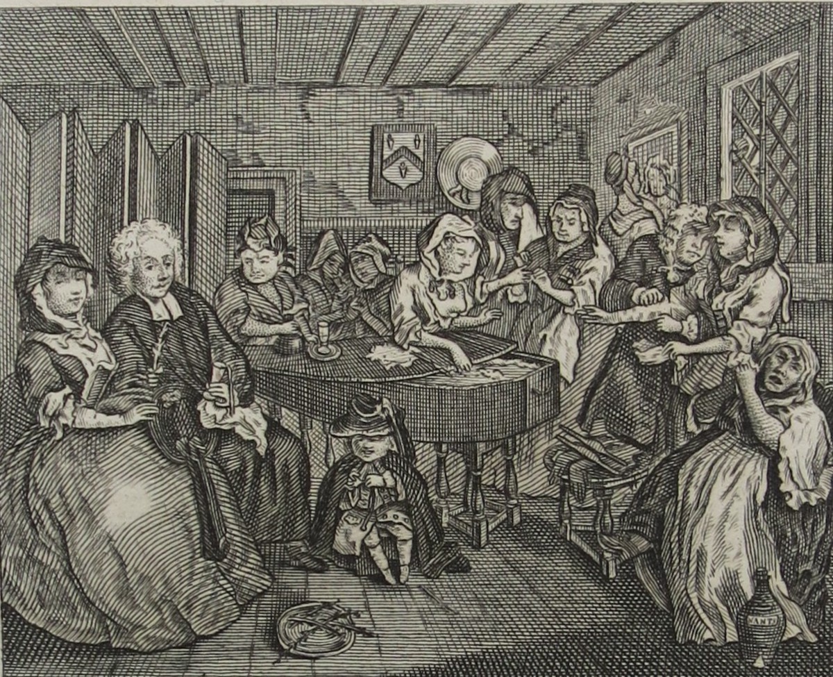 WILLIAM HOGARTH ANTIQUE 1791 COPPER PLATE ENGRAVING HARLOT'S PROGRESS PLATE 6 THE FUNERAL, MOLL'S WAKE