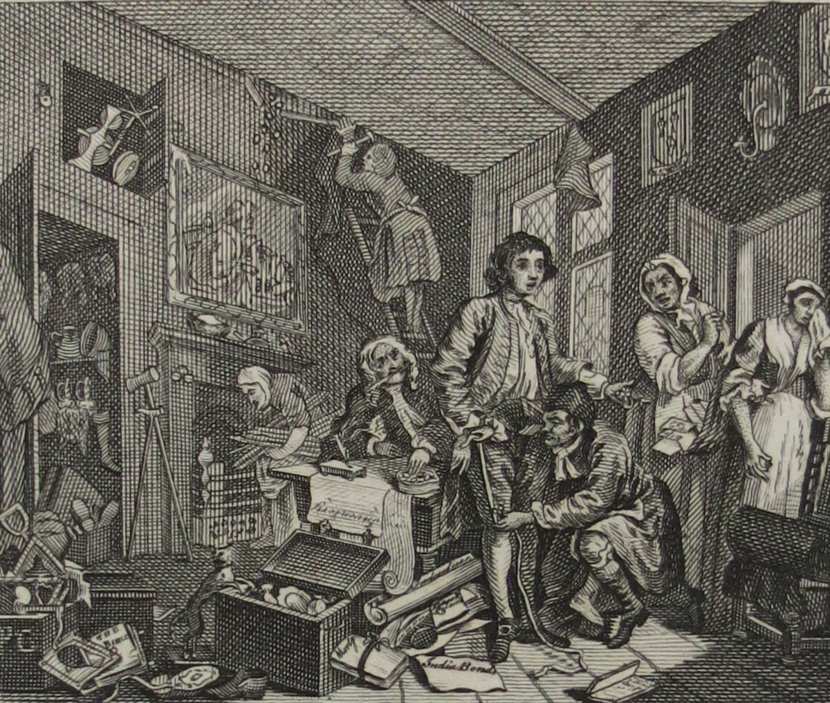 WILLIAM HOGARTH ANTIQUE 1791 COPPER PLATE ENGRAVING RAKE'S PROGRESS PLATE 1 THE YOUNG HEIR TAKES POSSESSION OF THE MISER'S EFFECTS