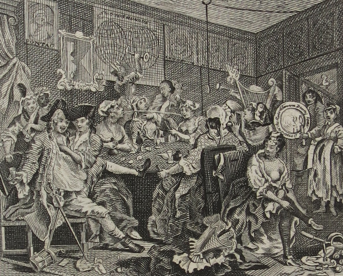 WILLIAM HOGARTH ANTIQUE 1791 COPPER PLATE ENGRAVING RAKE'S PROGRESS PLATE 3 THE ORGY, TAVERN SCENE