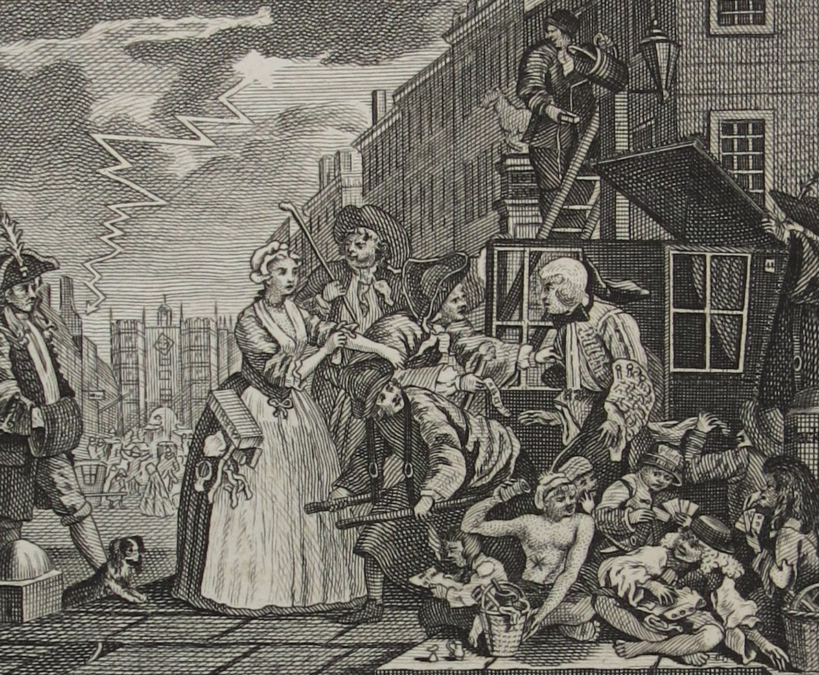 WILLIAM HOGARTH ANTIQUE 1791 COPPER PLATE ENGRAVING RAKE'S PROGRESS PLATE 4 ARRESTED FOR DEBT