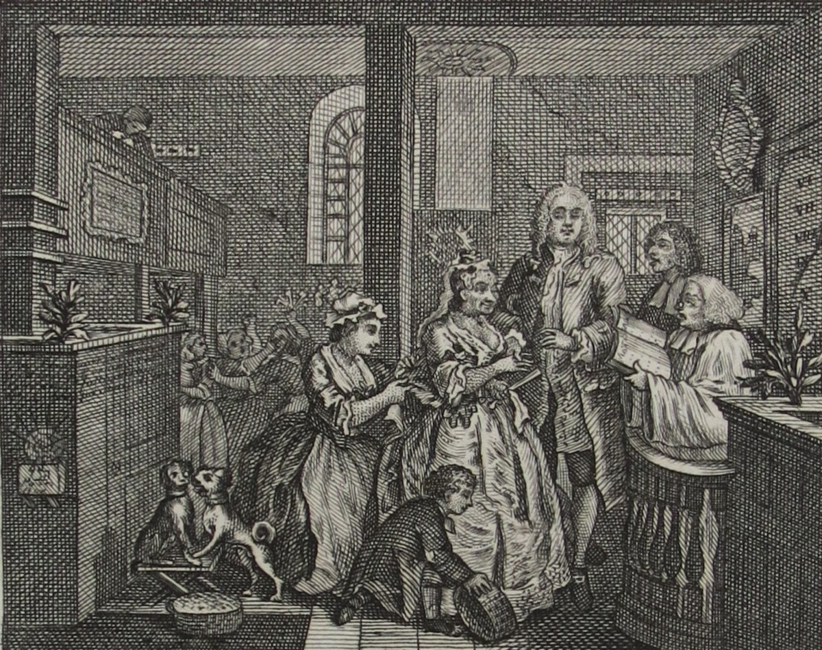 WILLIAM HOGARTH ANTIQUE 1791 COPPER PLATE ENGRAVING RAKE'S PROGRESS PLATE 5 HE MARRIES AN OLD MAID