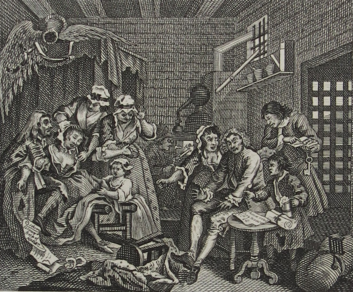 WILLIAM HOGARTH ANTIQUE 1791 COPPER PLATE ENGRAVING RAKE'S PROGRESS PLATE 7 THE PRISON SCENE