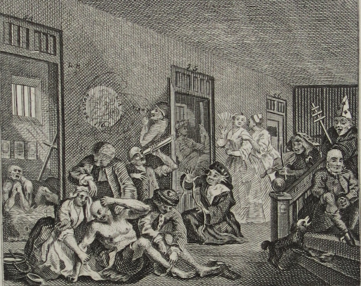 WILLIAM HOGARTH ANTIQUE 1791 COPPER PLATE ENGRAVING RAKE'S PROGRESS PLATE 8 THE MADHOUSE, THE RAKE IN BEDLAM