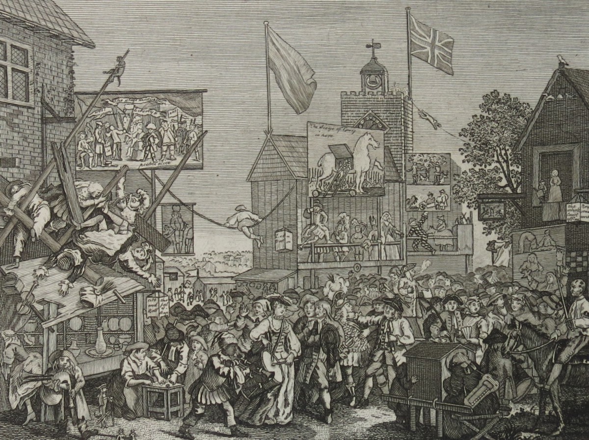 WILLIAM HOGARTH ANTIQUE 1791 COPPER PLATE ENGRAVING SOUTHWARK FAIR